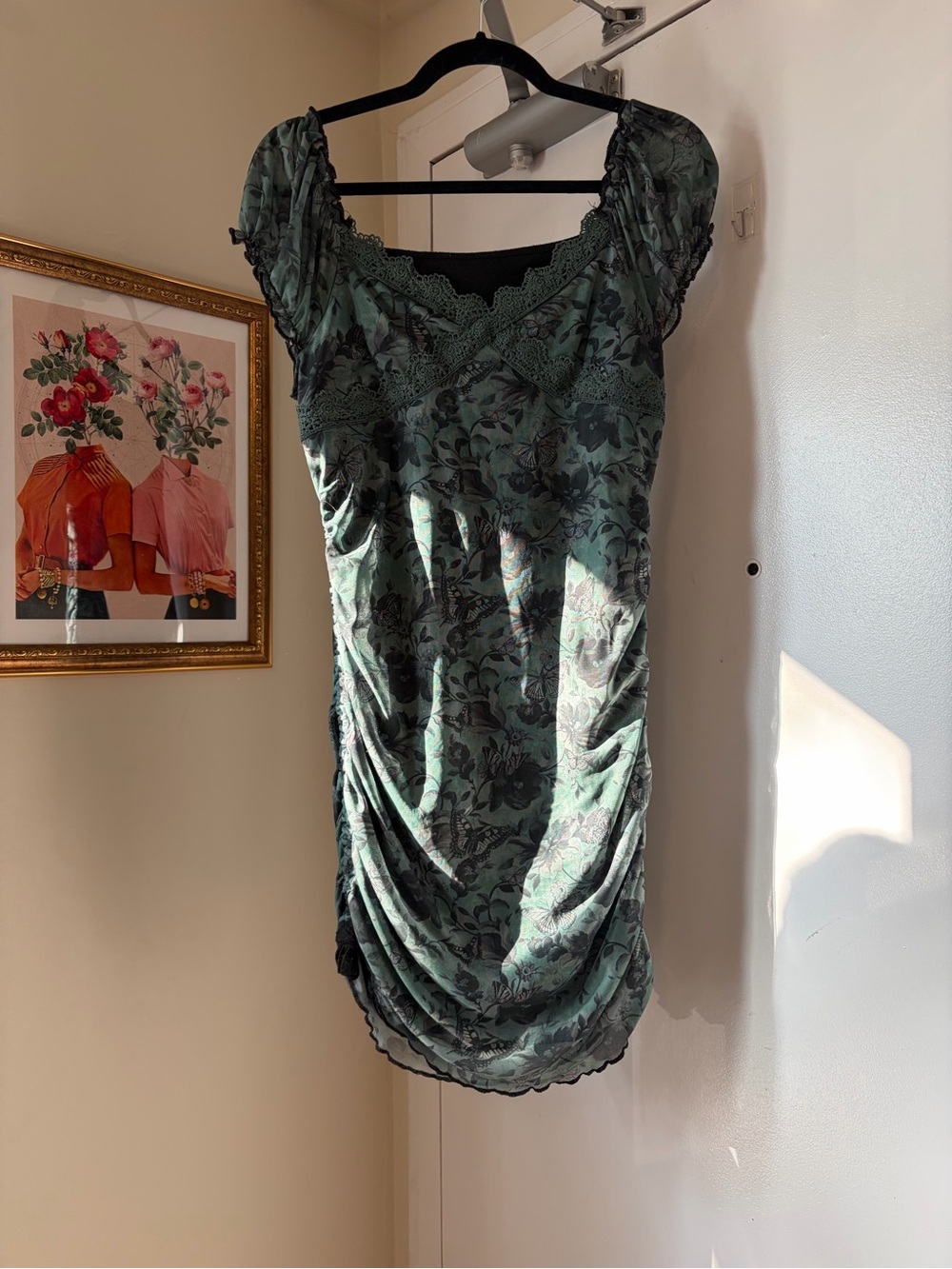 Green Butterfly Lace-Trim Ruched Mini Dress